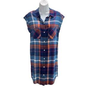 Kavu Shirt Dress Women Small Makayla Plaid Blue Purple Cap Sleeves Outdoors